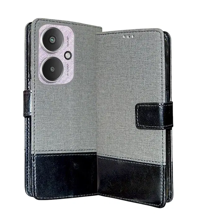 Artificial Leather Flip Cover For Mi Poco M6 / Redmi 13C 5G, Grey