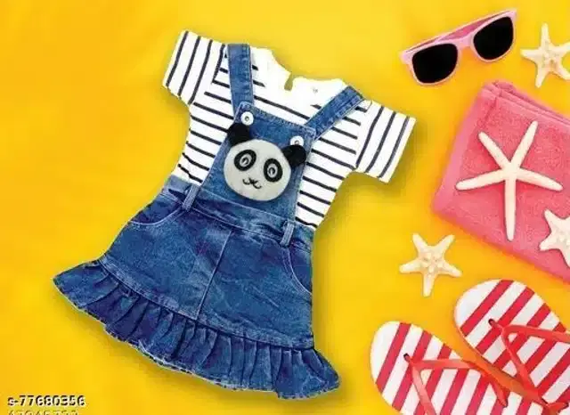 Dungaree with Top for Girls (White & Blue, 0-3 Months)