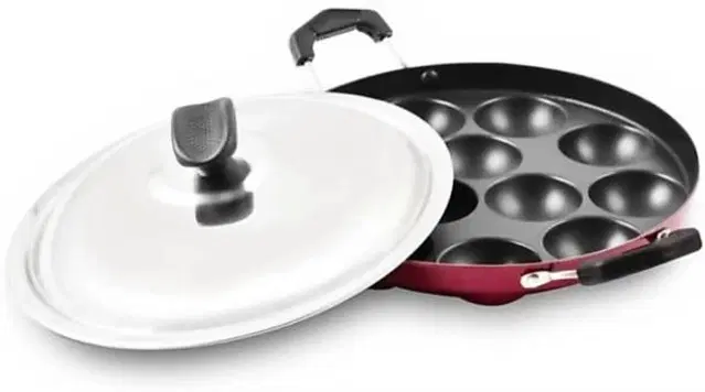 ZODEX 12 Cavities Non Stick Appam Patra with Lid and Side Handle, Multicolor, 21 cm