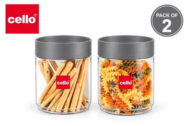 Cello Modustack Jar, 1000 ml x 2, Grey | Pack of 2 | Airtight & Leak-Resistant | Stackable Space-Saving Design