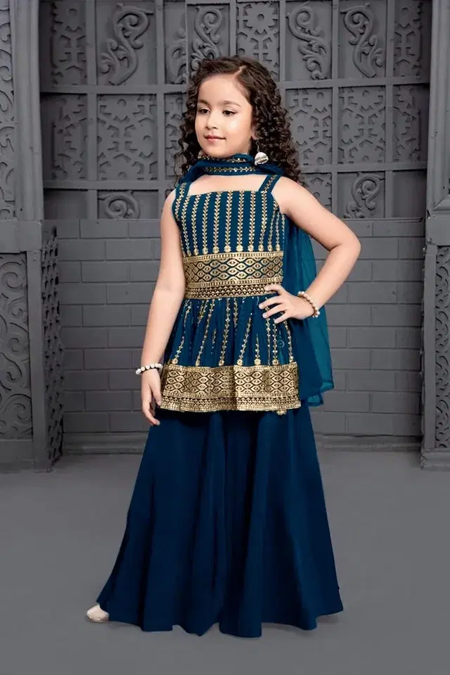 Georgette Embroidered Kurti with Sharara & Dupatta for Girls (Teal, 2-3 Years)