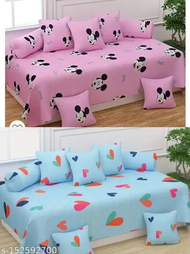Polycotton Diwan Cover Set, Pink & Aqua Blue, Combo of 2