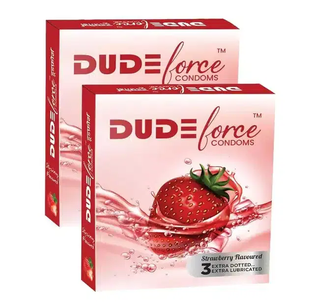 Dude Force 3 Pcs Strawberry Flavoured Condoms for Men, Set of 2