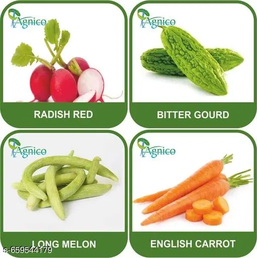 4 Vegetable Seeds Combo With Instruction Manual(Radish Red/Bitter Gourd/Long Melon/English Carrot)