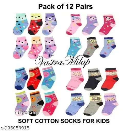 Cotton Socks for Kids, Set of 12 (Multicolor, 0-3 Months)