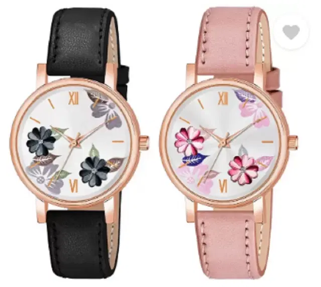 Leather Strap Analog Watch for Women & Girls, Pack of 2 (Multicolor)