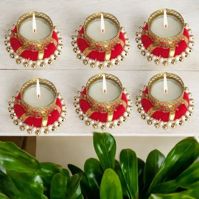 Metal Designer Tealight Candle Holder, Red, 7.8x7.8x3 cm, Pack of 6
