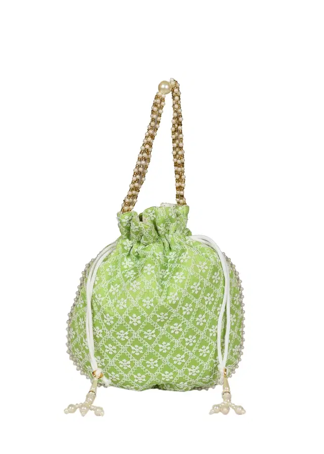 Silk Floral Ethnic Rajasthani Traditional Work Potli with Handle for Return Gifts, Sea Green