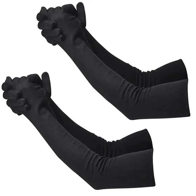 Cotton Solid Full Hand Gloves for Men & Women, Set of 2 (Black)