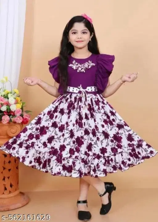Printed Cotton Blend Fit And Flare Dress for Girls (Purple, 18-24 Months)