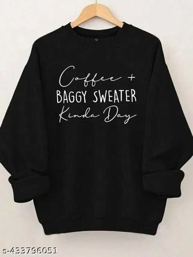 Fleece Printed Sweatshirt for Women (Black, M)