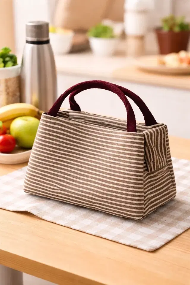Brown Horizontal Strip Insulated Lunch Bag