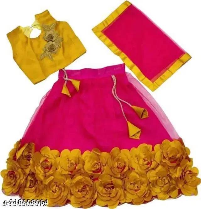 Satin&Net Embroidered Lehenga with Choli & Dupatta for Girls (Pink & Yellow, 3-4 Years)