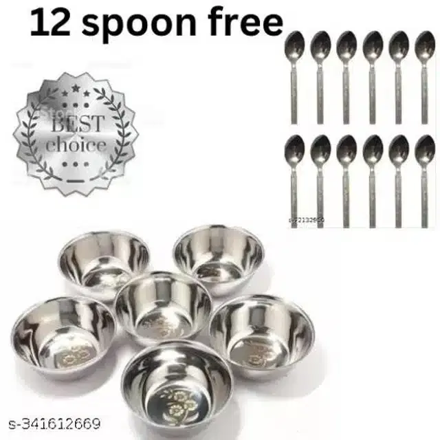 Stainless Steel 6 Pcs Bowls with 12 Pcs Spoon, Silver, Set of 2