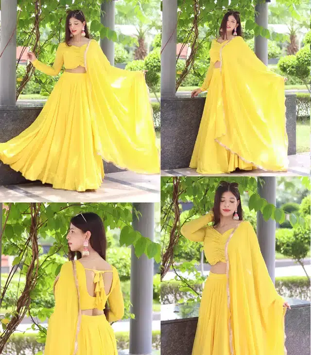 Georgette Semi Stitched Lehenga Choli for Women (Yellow, Free Size)
