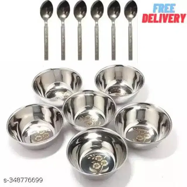 Stainless Steel 6 Pcs Bowls with 6 Pcs Spoon, Silver, Set of 2