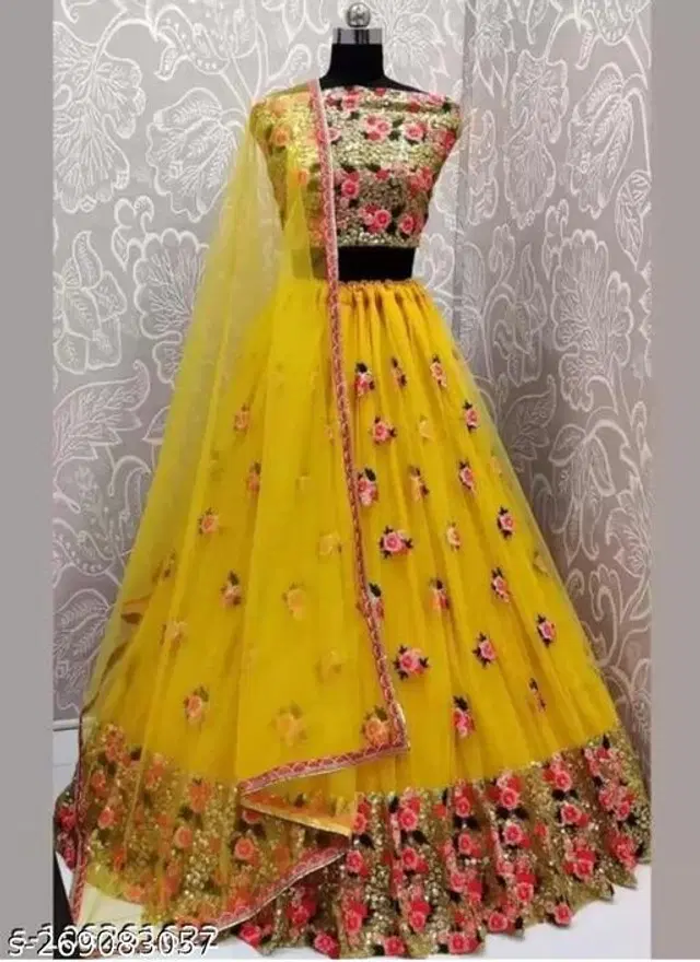Net Lehenga with Choli & Dupatta for Girls (Yellow, 3-4 Years)