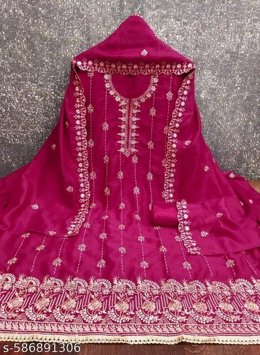 Vichitra Silk Punjabi/All Over Suits Semi-Stitched Suits (Pink, 5.85 meter for Women (S)