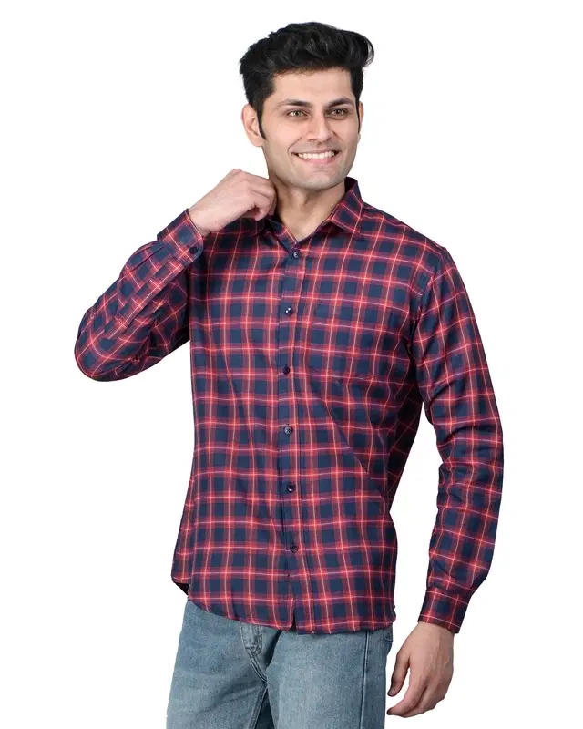 Cotton Blend Full Sleeves Chequered Shirt for Men, Red (XXL)