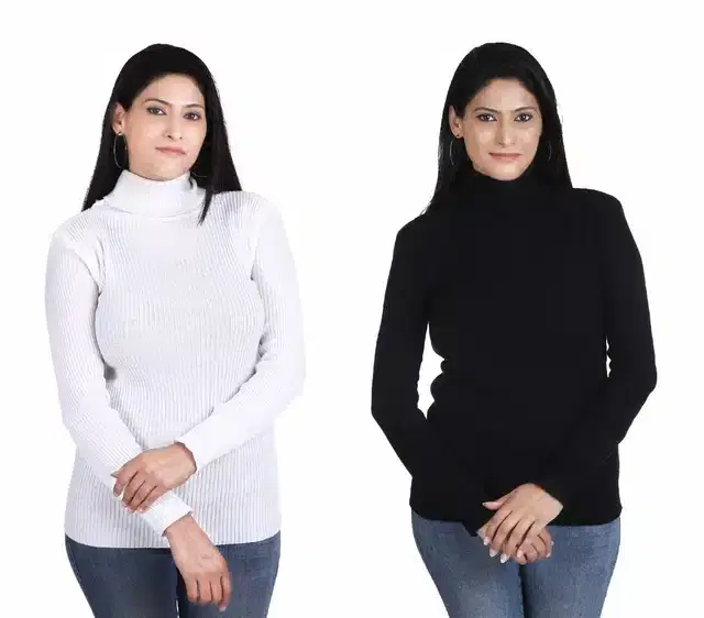 Full Sleeves High Neck Sweater for Women, Pack of 2 (White & Black, M)