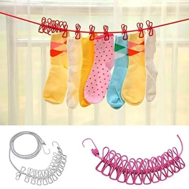 Portable Clothes Drying Rope with 12 Clips, Multicolor, Set of 1