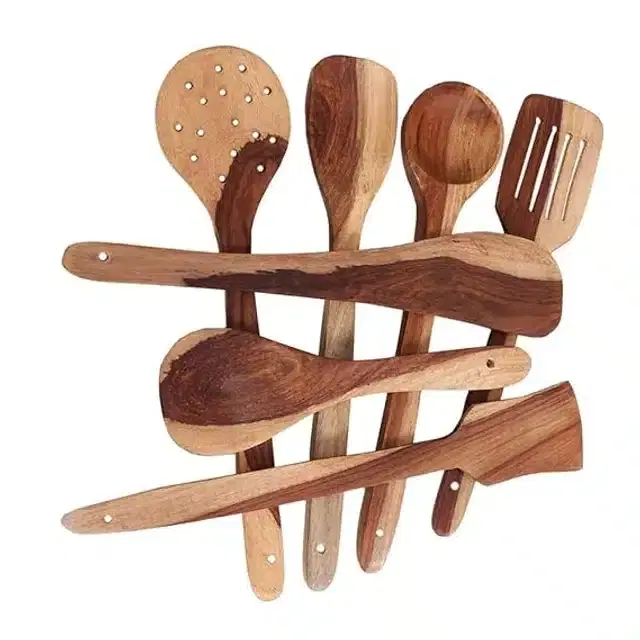 Wooden Cooking & Serving Spoons, Brown, Set of 7