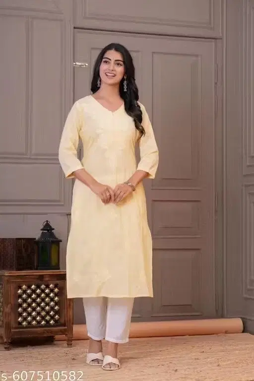 Cotton Chikankari Kurti for Women, Yellow (M)