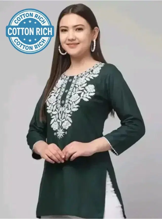 Cotton Embroidered Short Kurti for Women, Green (XL)