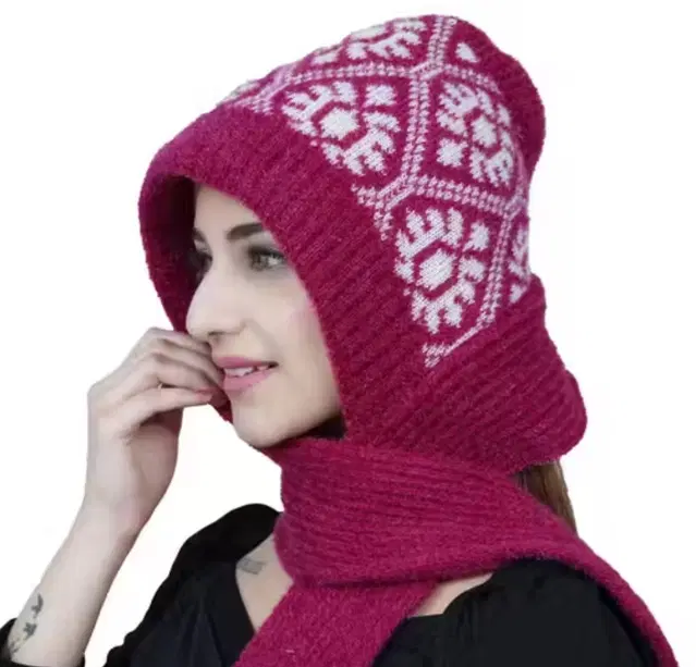 Woolen Printed Cap with Muffler for Women (Red, Pack of 1)