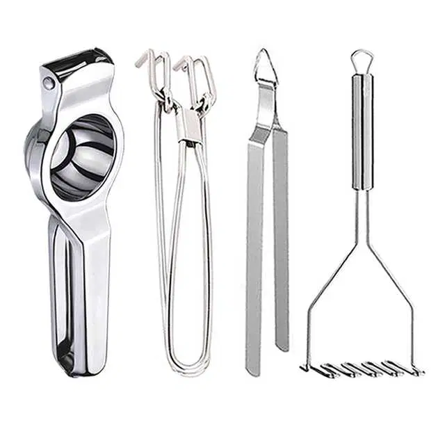 Stainless Steel Lemon Squeezer & Pakkad & Roti Chimta & Potato Masher For Kitchen, Set of 4, OC-050