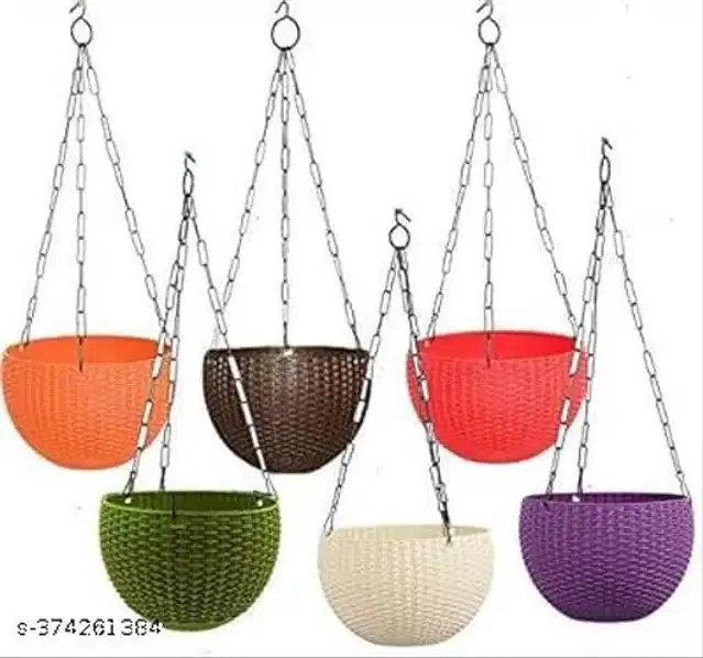 Hanging Flower Pots with Metal Chain, Multicolor, Pack of 6
