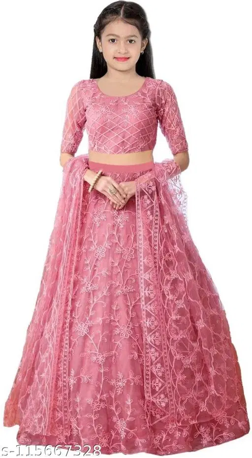 Cotton Blend Lehenga Choli for Girls (Pink, 13-14 Years)