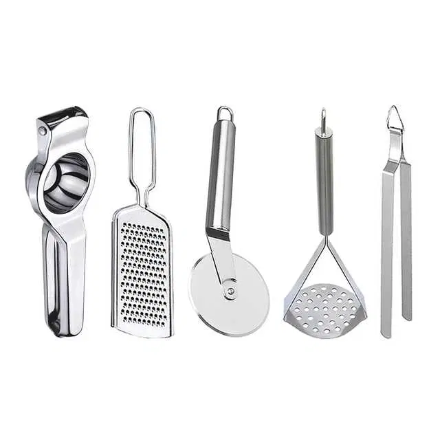 Oc9 Stainless Steel Lemon Squeezer & Cheese Grater & Pizza Cutter & Potato Masher & Roti Chimta Kitchen Tool Set, O-127