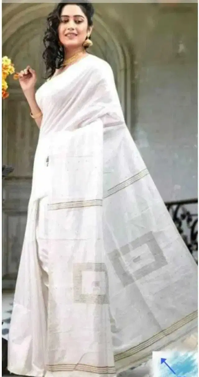 Cotton Silk Saree for Women (White, Free Size)