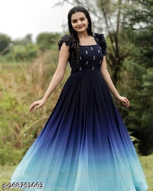 Maxi Gown Embellished Embroidered for Women (Navy Blue, S)