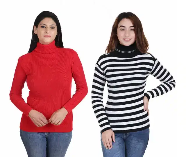 Full Sleeves Solid Sweater for Women, Pack of 2 (Red & White, M)