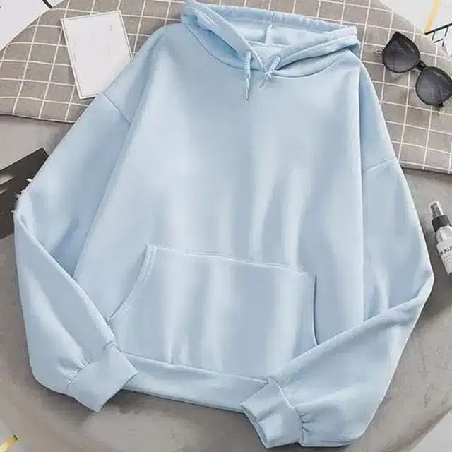 Fleece Self-Design Hoodies for Women (Sky Blue, S)