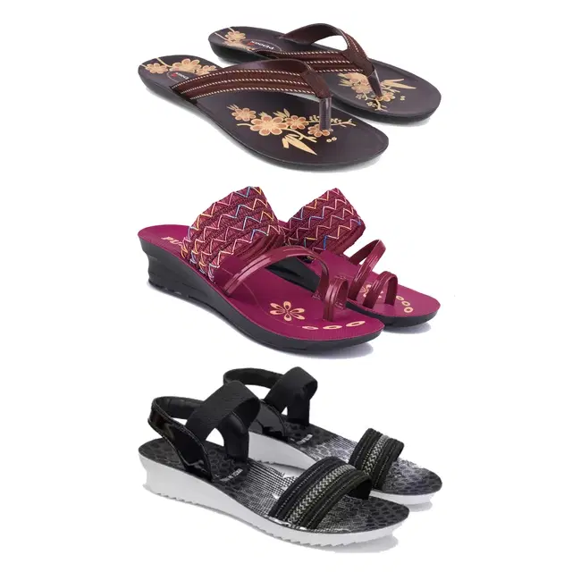 Flats with Heels & Sandals for Women, Set of 3 (Multicolor, 5)