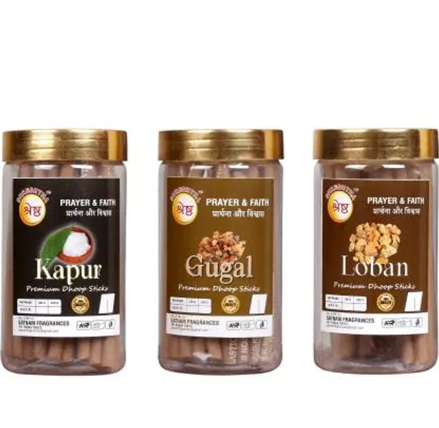 Shreshtha Premium Kapur, Gugal, Loban Dry Dhoop Sticks, 3X100Gms 300Gms Jar Packing Kapur, Loban, Gugal, 300, Set of 3