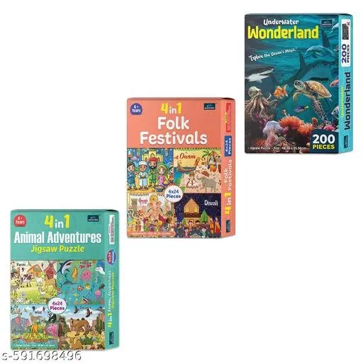 4 In 1 Animals Adventures + 4 In 1 Folk Festivals + Underwater Wonderland | Engaging Puzzle Learning Fun for Kids (392 Pieces) | Set of 3