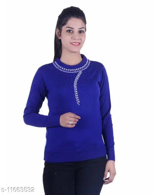 Acrylic Embellished Sweater for Women (Blue, M)
