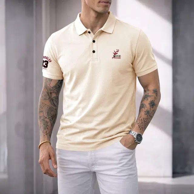 Polo Neck Solid Poly Cotton T-shirt for Men (Beige, M)
