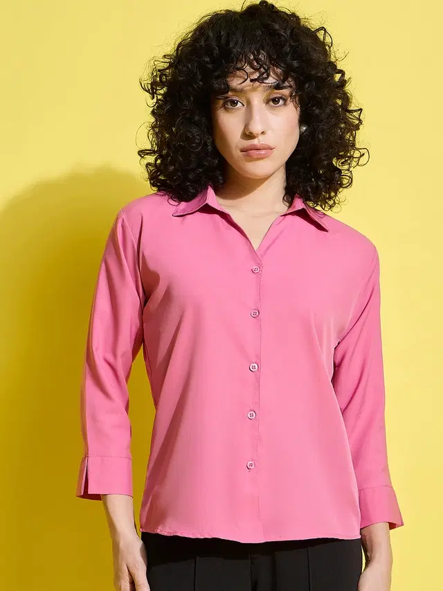 Three-Quarter Sleeves Solid Shirt for Women (Pink, M)