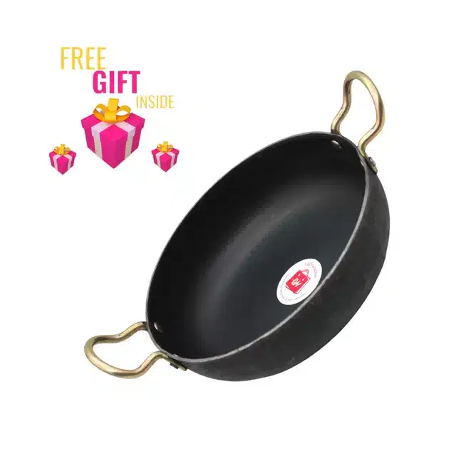 LAZYwindow Iron Deep Bottom Kadai with Free Gift, Black, Pack of 2