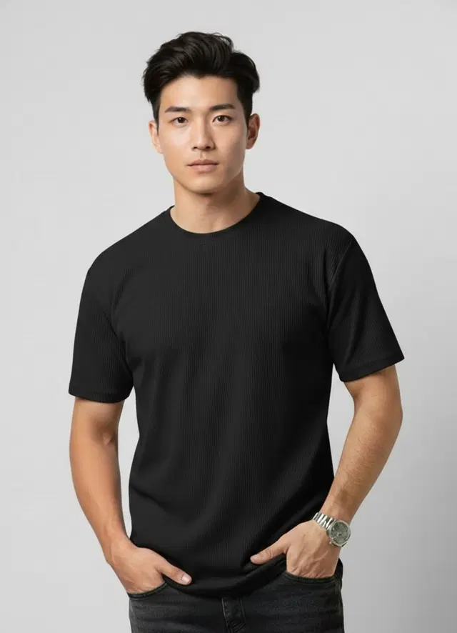 Polyester Round Neck T-shirt for Men, Black (L)
