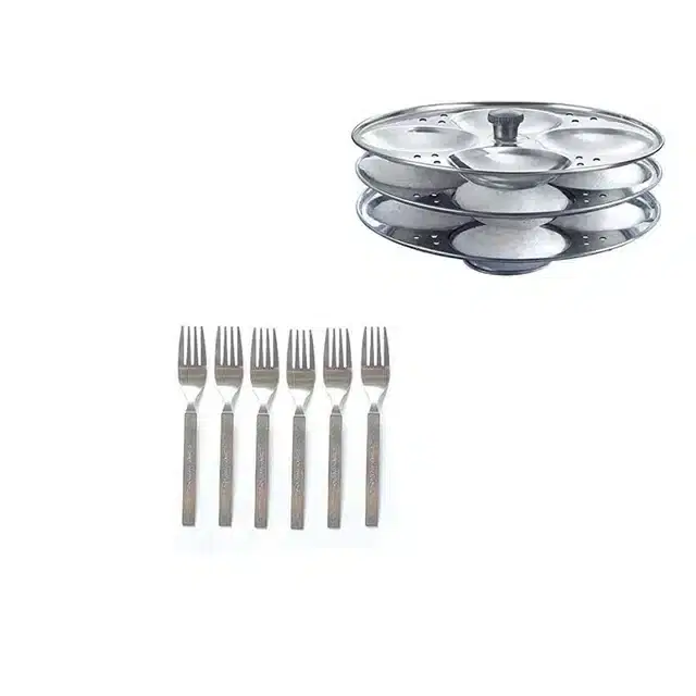 Stainless Steel 6 Steel fork & Idli Making Stand of 3 Plates, Combo of 2