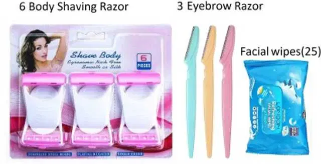 Combo Of Hair Removal Bikini Trimmer, Manual Eye Brow Razor & Facial Tissue Wipes, Pack Of 5, Hkc-19