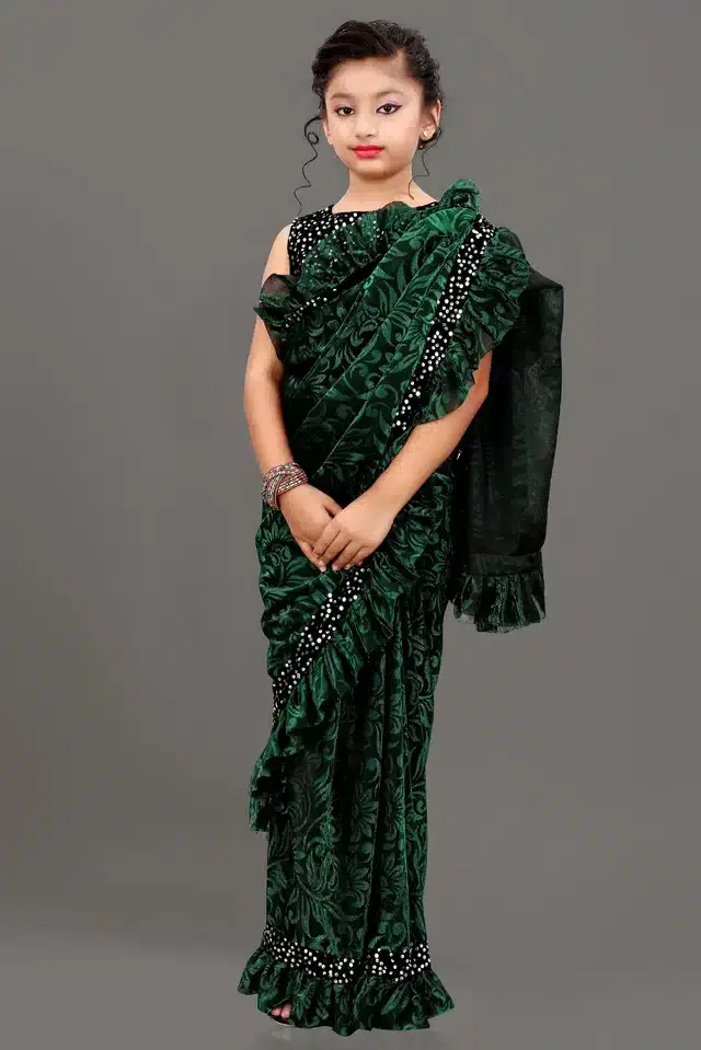 Saree with Unstitched Blouse for Girls (Green, 8-9 Years)