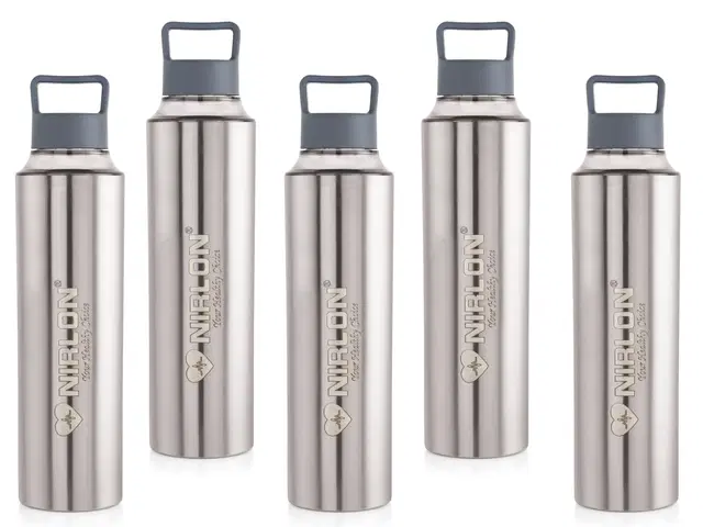 Nirlon Stainless Steel Water Bottles, Silver, 900 ml, Pack of 5