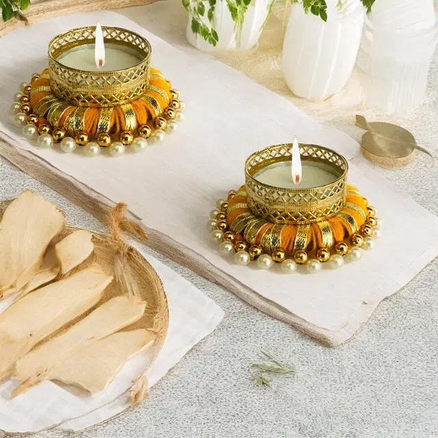 Metal Designer Tealight Candle Holder, Yellow, 7.8x7.8x3 cm, Pack of 2